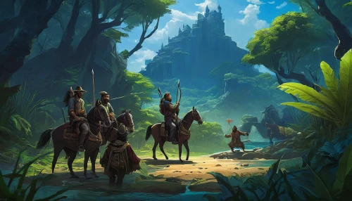 game illustration,hunting scene,guards of the canyon,horseback,fantasy picture,travelers,druid grove,nomads,world digital painting,fantasy landscape,fantasy art,digital nomads,elven forest,forest workers,concept art,game art,ancient parade,knight village,horse riders,wander,Conceptual Art,Sci-Fi,Sci-Fi 12