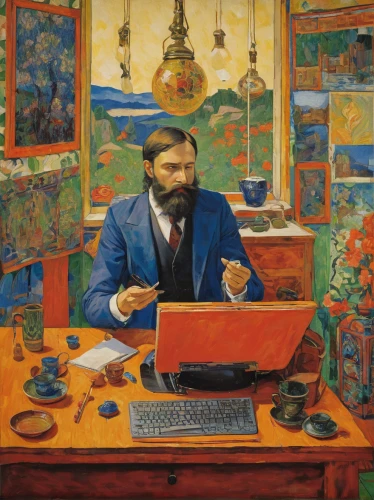 man with a computer,self-portrait,lev lagorio,casement,persian poet,girl at the computer,braque francais,vincent van gough,computer,writing desk,ernő rubik,writing or drawing device,reading magnifying glass,the tablet,zhupanovsky,post impressionism,salvador guillermo allende gossens,jáchymov,hemmingway,tablet computer,Art,Classical Oil Painting,Classical Oil Painting 27