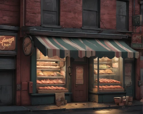 bakery,pastry shop,butcher shop,store fronts,awnings,knish,bakery products,watercolor shops,deli,grocer,cake shop,pastries,pizzeria,storefront,soap shop,store front,chinatown,greengrocer,new york restaurant,sweet pastries,Conceptual Art,Fantasy,Fantasy 02