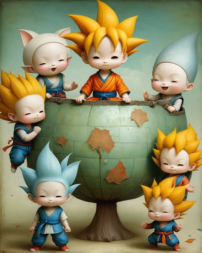 little planet,dragonball,dragon ball,tiny world,international family day,son goku,dragon ball z,kids illustration,dream world,cute cartoon image,the world,gnomes,goku,world digital painting,scandia gnomes,little people,world children's day,globetrotter,family tree,fantasy world,Illustration,Abstract Fantasy,Abstract Fantasy 06