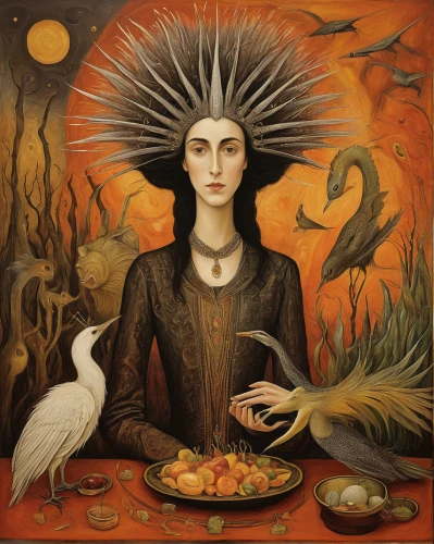 woman holding pie,shamanic,shamanism,priestess,girl with bread-and-butter,crow queen,divination,woman eating apple,spring equinox,mother earth,paganism,mystical portrait of a girl,candlemaker,the zodiac sign pisces,girl with cereal bowl,zodiac sign libra,celebration of witches,mysticism,nourishment,equinox,Illustration,Abstract Fantasy,Abstract Fantasy 16