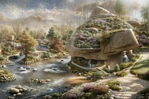 mushroom landscape,fantasy landscape,terraforming,fairy world,fairy village,swampy landscape,mushroom island,salt meadow landscape,vegetables landscape,an island far away landscape,futuristic landscape,karst landscape,3d fantasy,fairy forest,background with stones,virtual landscape,biome,fantasy picture,brook landscape,alien world