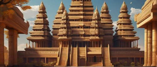 egyptian temple,asian architecture,ancient city,ancient buildings,temple,temple fade,bagan,hindu temple,thai temple,dhammakaya pagoda,cambodia,pagoda,stone pagoda,white temple,stone palace,pillars,medieval architecture,gold castle,temples,wooden construction,Illustration,American Style,American Style 12