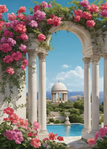 rose garden,rose arch,greek temple,landscape rose,splendor of flowers,marble palace,rosarium,secret garden of venus,camellias,way of the roses,neoclassical,flower garden,temple of diana,rosebushes,ancient greek temple,pergola,vittoriano,landscape background,pillars,classical architecture,Art,Classical Oil Painting,Classical Oil Painting 02