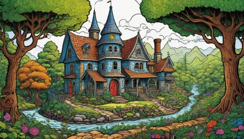 fairy tale castle,witch's house,fairy house,fairy village,children's fairy tale,house in the forest,fairytale castle,fairy tale,fairy world,a fairy tale,studio ghibli,fairy forest,fairy chimney,witch house,dandelion hall,coloring for adults,wonderland,enchanted forest,cottage,fairy tales,Illustration,Black and White,Black and White 14