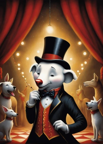 circus animal,circus show,conductor,ringmaster,circus,puppet theatre,theater curtain,anthropomorphized animals,dog illustration,figaro,toy dog,puppeteer,vaudeville,aristocrat,kennel club,cabaret,magician,butler,ballet master,whimsical animals,Illustration,Abstract Fantasy,Abstract Fantasy 22