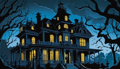 halloween poster,the haunted house,haunted house,witch's house,witch house,halloween illustration,house silhouette,haunted castle,halloween scene,halloween and horror,halloween background,ghost castle,victorian house,victorian,halloween wallpaper,haunted,creepy house,haunted cathedral,halloween decor,halloween ghosts,Illustration,American Style,American Style 09