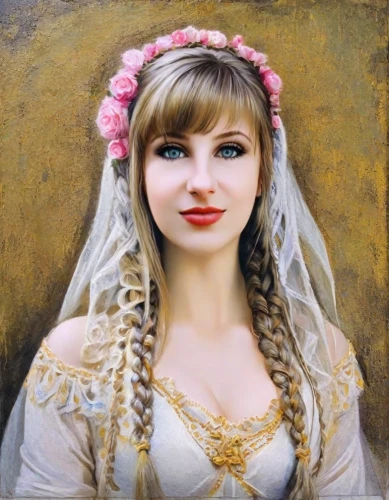 emile vernon,fantasy portrait,girl in a wreath,russian folk style,romantic portrait,rapunzel,portrait of a girl,girl portrait,bridal,vintage female portrait,mystical portrait of a girl,beautiful girl with flowers,young girl,young woman,ukrainian,bride,eurasian,girl in a historic way,princess anna,bridal dress