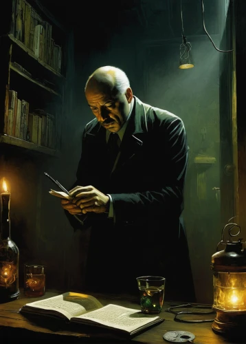 flickering flame,apothecary,candlemaker,sci fiction illustration,bram stoker,watchmaker,preacher,the collector,theoretician physician,benediction of god the father,prejmer,bibliology,twelve apostle,lev lagorio,game illustration,potions,alchemy,divination,clockmaker,lenin,Illustration,Realistic Fantasy,Realistic Fantasy 29