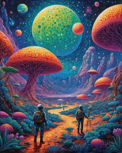 mushroom landscape,alien planet,alien world,mushroom island,futuristic landscape,coral reef,travelers,psychedelic art,mushrooms,space art,gas planet,desert coral,explorer,planet alien sky,extraterrestrial life,planets,biologist,astronauts,lsd,ufo interior,Conceptual Art,Daily,Daily 31