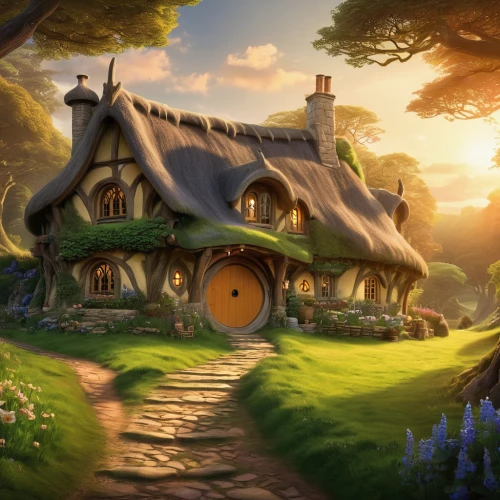 hobbiton,beautiful home,home landscape,house in the forest,little house,fairy house,crooked house,country cottage,studio ghibli,witch's house,hobbit,country house,fairy tale castle,tree house,crispy house,fairy tale,summer cottage,dandelion hall,fairytale,thatched cottage,Illustration,Realistic Fantasy,Realistic Fantasy 01