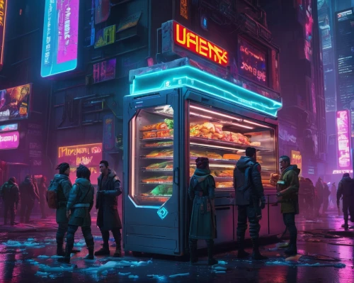 cyberpunk,neon drinks,neon coffee,neon ice cream,neon,neon candies,convenience store,deli,neon arrows,neon cocktails,vapor,neon ghosts,neon light,neon lights,neon sign,colorful city,ice cream stand,retro diner,neon tea,shinjuku,Conceptual Art,Sci-Fi,Sci-Fi 26