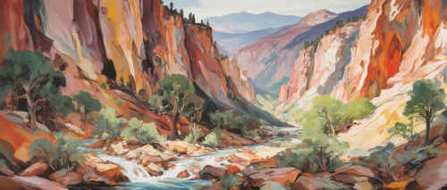 fairyland canyon,slot canyon,canyon,zion national park,zion,cliff dwelling,red rock canyon,red canyon tunnel,oheo gulch,guards of the canyon,navajo bay,mountain river,narrows,river landscape,rio grande river,antel rope canyon,street canyon,grand canyon,flowing creek,angel's landing,Conceptual Art,Oil color,Oil Color 18