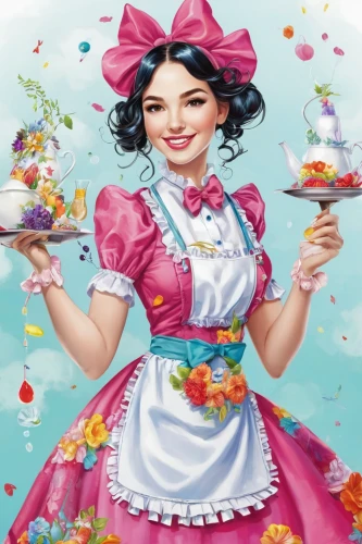 confectioner,pastry chef,crinoline,dolly mixture,cake decorating supply,doll kitchen,woman holding pie,waitress,girl in the kitchen,stylized macaron,quinceañera,confection,confectionery,sweetmeats,cooking book cover,fairy tale character,ice cream maker,hostess,candy island girl,hanbok,Illustration,Abstract Fantasy,Abstract Fantasy 13