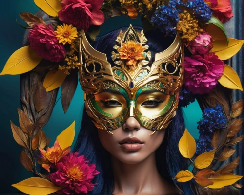 venetian mask,masquerade,golden wreath,golden mask,gold mask,headdress,girl in a wreath,fantasy portrait,wreath of flowers,laurel wreath,golden crown,golden flowers,headpiece,floral wreath,elven flower,gold flower,fantasy art,masque,kahila garland-lily,gold crown,Photography,Artistic Photography,Artistic Photography 08