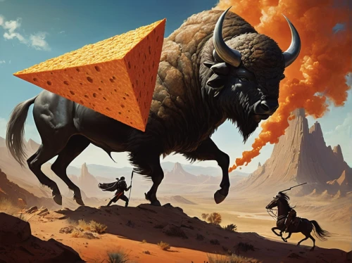 oxcart,minotaur,the ethereum,oryx,sage-derby cheese,megalith,horned cows,bison,red dragon cheese,wheels of cheese,blocks of cheese,oxen,game illustration,cow cheese,nomads,horned,anthill,pyramid,cow horned head,omnivore,Illustration,Realistic Fantasy,Realistic Fantasy 16