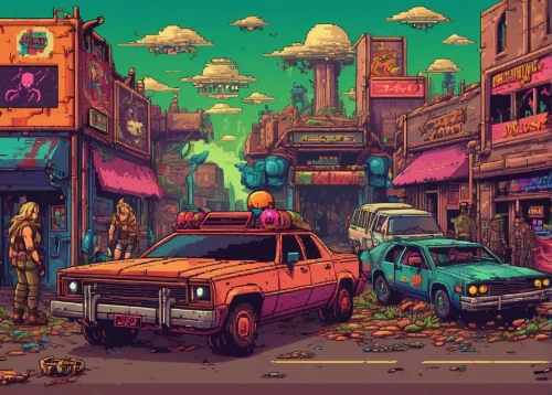 colorful city,post apocalyptic,80s,post-apocalyptic landscape,retro vehicle,fantasy city,gas-station,cyberpunk,car hop,retro background,world digital painting,post-apocalypse,gas station,parking place,retro styled,suburb,junkyard,1980's,wasteland,80's design,Unique,Pixel,Pixel 04