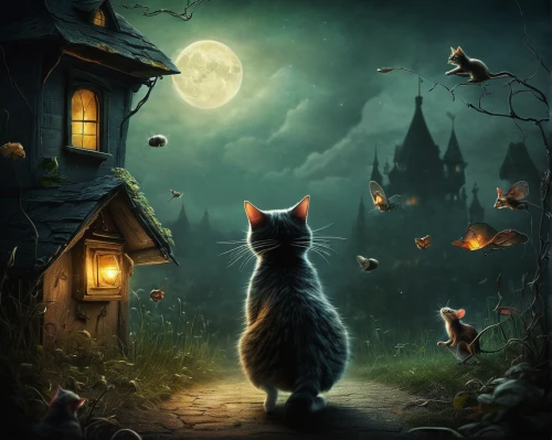 halloween cat,halloween background,fantasy picture,halloween black cat,halloween poster,halloween illustration,halloween scene,halloween and horror,halloween owls,halloween wallpaper,halloween night,hallloween,celebration of witches,moonlit night,halloween2019,halloween 2019,halloween,helloween,the cat,trick-or-treat,Illustration,Abstract Fantasy,Abstract Fantasy 01