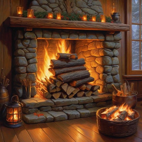 fireplace,fire place,log fire,fireplaces,christmas fireplace,wood-burning stove,wood stove,fireside,warm and cozy,wood fire,yule log,wood pile,fire in fireplace,fire wood,hearth,log home,warmth,firewood,pile of firewood,campfire,Illustration,Realistic Fantasy,Realistic Fantasy 03