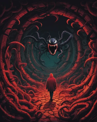 door to hell,ringed-worm,hollow way,game illustration,labyrinth,descent,threshold,dante's inferno,wormhole,chasm,sci fiction illustration,mirror of souls,lava cave,devil,tunnel,dungeon,serpent,catacombs,chamber,wall tunnel,Conceptual Art,Daily,Daily 20