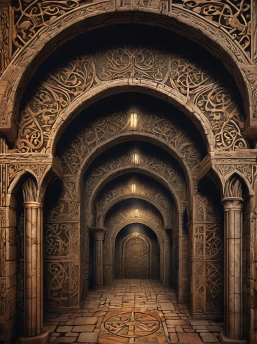 hall of the fallen,caravansary,ornate room,hallway,the threshold of the house,islamic architectural,portcullis,doorway,carved wall,corridor,medieval architecture,terracotta tiles,labyrinth,arabic background,archway,hallway space,seamless texture,dungeons,chamber,catacombs,Illustration,Realistic Fantasy,Realistic Fantasy 42