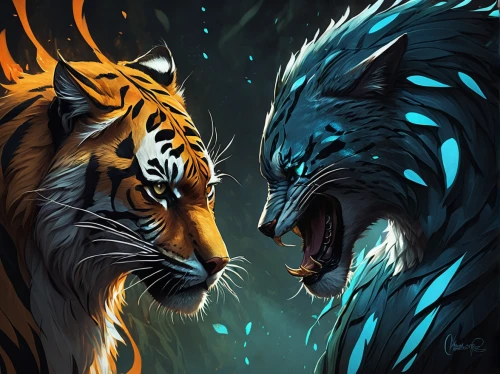 confrontation,predation,two wolves,tigers,battle,big cats,roaring,predators,two lion,to roar,prey,game illustration,roar,wolves,duel,leopard's bane,scar,carnivores,blue tiger,conflict,Conceptual Art,Fantasy,Fantasy 17