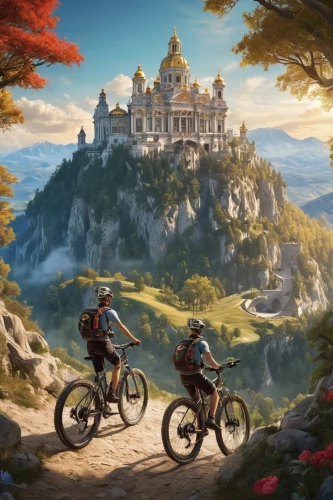 artistic cycling,tour de france,cycling,bicycle ride,mountain biking,bicycling,bicycle riding,cross-country cycling,fantasy picture,mountain bike,biking,bike ride,fantasy landscape,autumn background,bike land,bicycle,bike tandem,autumn mountains,landscape background,bike city,Conceptual Art,Fantasy,Fantasy 22