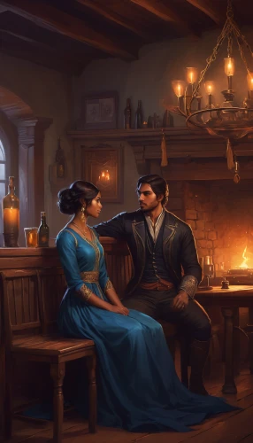 romantic portrait,fireside,candlemaker,romantic scene,hamelin,hearth,tavern,game illustration,courtship,romantic night,romantic meeting,fireplace,old couple,shepherd romance,young couple,conversation,fireplaces,warmth,medieval,bard,Conceptual Art,Fantasy,Fantasy 17