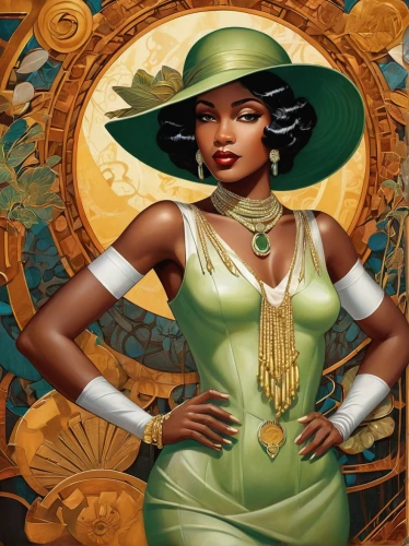 lily of the nile,art deco woman,tiana,african american woman,cleopatra,prosperity and abundance,nigeria woman,transistor,beautiful african american women,african woman,jasmine,black woman,cuban emerald,prosperity,black women,queen bee,art deco,afro american girls,fantasy art,emerald,Illustration,Realistic Fantasy,Realistic Fantasy 21