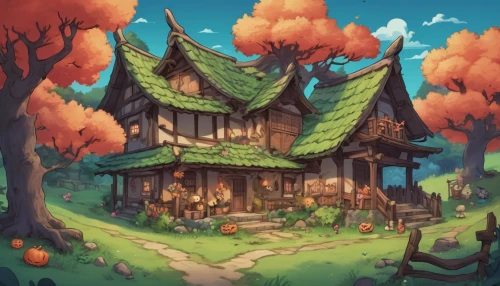 witch's house,halloween background,witch house,autumn theme,tavern,halloween illustration,pumpkin autumn,autumn background,halloween scene,house in the forest,little house,fairy village,autumn idyll,druid grove,fairy house,autumn icon,autumn scenery,fall landscape,autumn forest,wooden houses,Conceptual Art,Fantasy,Fantasy 31