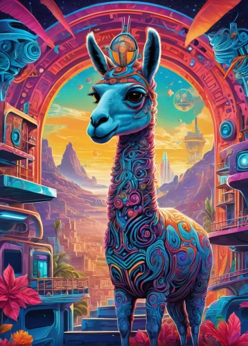 llama,lama,llamas,bazlama,pachamama,psychedelic art,goatflower,alpaca,altiplano,unicorn art,camel,the sheep,sacred art,brahma,trip computer,vicuña,el dorado,alpacas,the zodiac sign taurus,astral traveler,Illustration,Realistic Fantasy,Realistic Fantasy 39