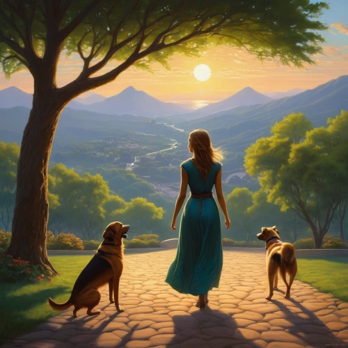 girl with dog,celtic woman,walking dogs,fantasy picture,dog walker,girl in a long dress,dog walking,companion dog,summer evening,three dogs,travelers,world digital painting,landscape background,the dawn family,walk with the children,english shepherd,australian kelpie,kelpie,king shepherd,oil painting on canvas,Conceptual Art,Fantasy,Fantasy 28