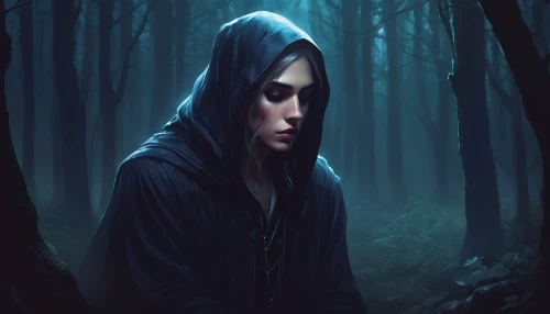 hooded man,hooded,cloak,forest dark,digital painting,moody portrait,world digital painting,dark art,elven,elven forest,the woods,mystical portrait of a girl,dark portrait,mysterious,in the forest,sorrow,forest background,red riding hood,forest man,girl with tree,Conceptual Art,Fantasy,Fantasy 17