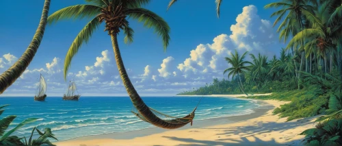 beach landscape,tropical sea,coconut trees,tropical beach,an island far away landscape,coastal landscape,dream beach,coconut tree,tropical island,beach scenery,caribbean beach,palmtrees,paradise beach,ocean paradise,tropical tree,south pacific,palm tree,coconut palm tree,deserted island,sub-tropical,Illustration,American Style,American Style 07