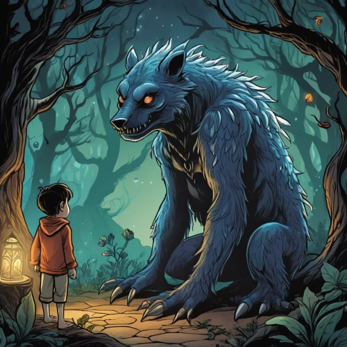 werewolves,werewolf,mowgli,boy and dog,howling wolf,bear guardian,howl,game illustration,two wolves,studio ghibli,encounter,forest dragon,my neighbor totoro,nine-tailed,kids illustration,the wolf pit,dog illustration,ursa,digital illustration,sci fiction illustration,Illustration,American Style,American Style 13