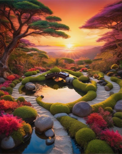 fantasy landscape,koi pond,fairy world,japan garden,japan landscape,japanese zen garden,zen garden,japanese garden,fantasy picture,3d fantasy,lily pond,world digital painting,garden pond,garden of eden,mushroom landscape,landscape background,an island far away landscape,lotus pond,fairy village,purple landscape,Illustration,Realistic Fantasy,Realistic Fantasy 37