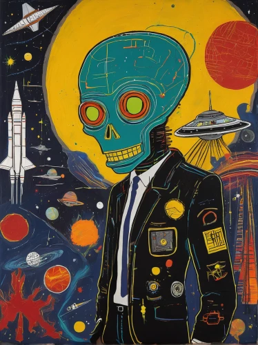 spacefill,astronautics,extraterrestrial life,spaceman,cosmonautics day,outer space,astronomer,astronaut,cosmonaut,extraterrestrial,lost in space,science fiction,cd cover,calavera,sci fiction illustration,scull,emperor of space,space voyage,robot in space,space-suit,Art,Artistic Painting,Artistic Painting 51
