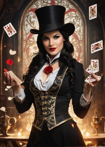 magician,queen of hearts,ringmaster,playing card,play escape game live and win,victorian lady,playing cards,collectible card game,fortune teller,magic tricks,ball fortune tellers,deck of cards,tarot cards,fortune telling,steampunk,hatter,play cards,gambler,poker primrose,victorian style,Illustration,Realistic Fantasy,Realistic Fantasy 42