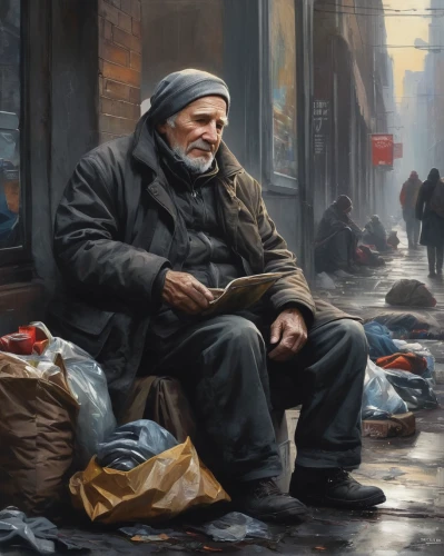 homeless man,peddler,italian painter,homeless,street artist,poverty,street artists,shoeshine boy,street musician,oil painting,vendor,oil painting on canvas,street life,charity,vendors,soup kitchen,people reading newspaper,merchant,seller,large market,Conceptual Art,Fantasy,Fantasy 12