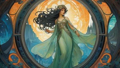 art nouveau frame,art nouveau,the enchantress,magic mirror,celtic queen,fantasy portrait,sorceress,mirror of souls,art nouveau frames,rusalka,art nouveau design,merida,queen of the night,mucha,green mermaid scale,dryad,frame illustration,the mirror,rosa ' amber cover,art deco frame,Illustration,Retro,Retro 03