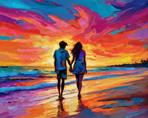 loving couple sunrise,colorful background,beach background,beach walk,oil painting on canvas,art painting,background colorful,young couple,walk on the beach,oil painting,creative background,romantic scene,love background,photo painting,rainbow background,sunset beach,couple silhouette,colorful light,colorful heart,beach landscape,Conceptual Art,Oil color,Oil Color 21