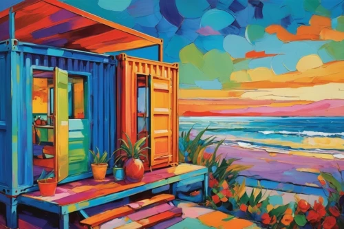 beach hut,beach huts,summer cottage,window with sea view,seaside view,cottage,oil painting on canvas,house painting,ocean view,home landscape,carol colman,art painting,summer house,seaside country,beach landscape,painting technique,boho art,blue door,oil on canvas,beach house,Conceptual Art,Oil color,Oil Color 25