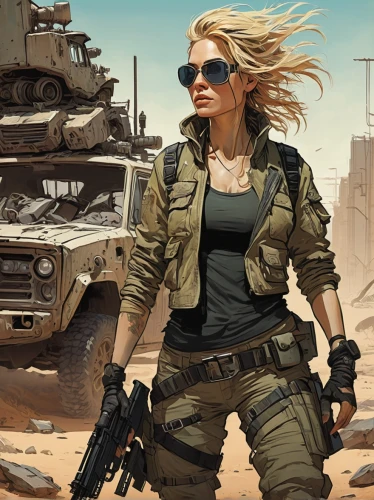 sci fiction illustration,mad max,game illustration,girl with gun,girl with a gun,post apocalyptic,game art,cg artwork,desert run,renegade,ballistic vest,desert background,female hollywood actress,woman holding gun,mobile video game vector background,operator,action-adventure game,lost in war,medium tactical vehicle replacement,sahara,Conceptual Art,Fantasy,Fantasy 08