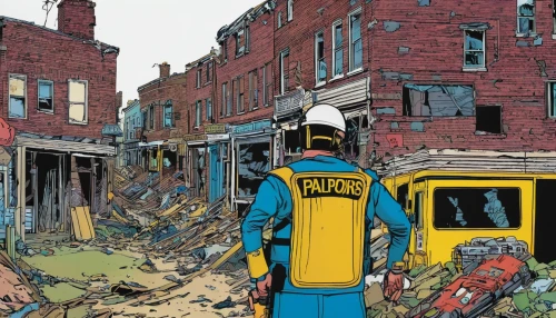 civil defense,building rubble,destroyed city,demolition work,demolition,fallout4,rubble,war zone,post apocalyptic,post-apocalypse,destroyed houses,fallout shelter,chemical disaster exercise,comic book bubble,demolition map,crash site,destroyed area,post-apocalyptic landscape,fallout,home destruction,Illustration,American Style,American Style 14