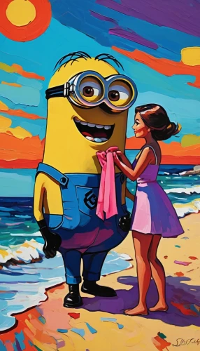 oil painting on canvas,dancing dave minion,dancing couple,loving couple sunrise,beach towel,couple in love,art painting,sand art,oil painting,beach background,painting technique,oil on canvas,minion,happy couple,beach goers,love couple,young couple,beautiful couple,chalk drawing,popular art,Conceptual Art,Oil color,Oil Color 25