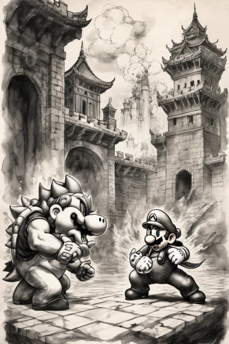 fuel-bowser,petrol-bowser,super mario brothers,game illustration,historical battle,mario bros,true toad,dragon boat,game art,battle,guilinggao,forbidden palace,game drawing,great wall,dragon li,confrontation,nintendo,duel,chinese art,fighter destruction,Illustration,Paper based,Paper Based 30