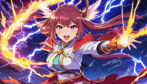 lightning,kayano,fire siren,lightning bolt,wiz,electric arc,fire angel,thunderbolt,fire background,goddess of justice,erika,fire devil,lightning strike,elza,magna,explosion,ixia,chariot,minerva,flame spirit,Illustration,Japanese style,Japanese Style 03