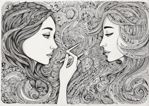 henna frame,hand-drawn illustration,girl smoke cigarette,coloring page,boho art,pencil drawings,psychedelic art,split personality,mirror image,two girls,pen drawing,duality,dualism,mirror of souls,line-art,coloring picture,handdrawn,smoking girl,pencil art,yin and yang,Illustration,Black and White,Black and White 05