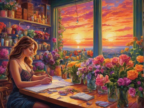 girl studying,flower painting,girl at the computer,study room,meticulous painting,art painting,splendor of flowers,writing-book,flower in sunset,fantasy picture,romantic scene,writer,colored pencil background,romantic portrait,sewing room,to write,author,fantasy art,reading room,painter,Illustration,Paper based,Paper Based 09