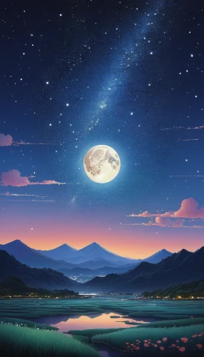 moon and star background,night sky,lunar landscape,clear night,starry sky,the night sky,landscape background,earth rise,moonlit night,nightsky,moonrise,dream world,night scene,stars and moon,moon night,moonlight,dreamland,night stars,moonscape,nightscape,Illustration,Japanese style,Japanese Style 12